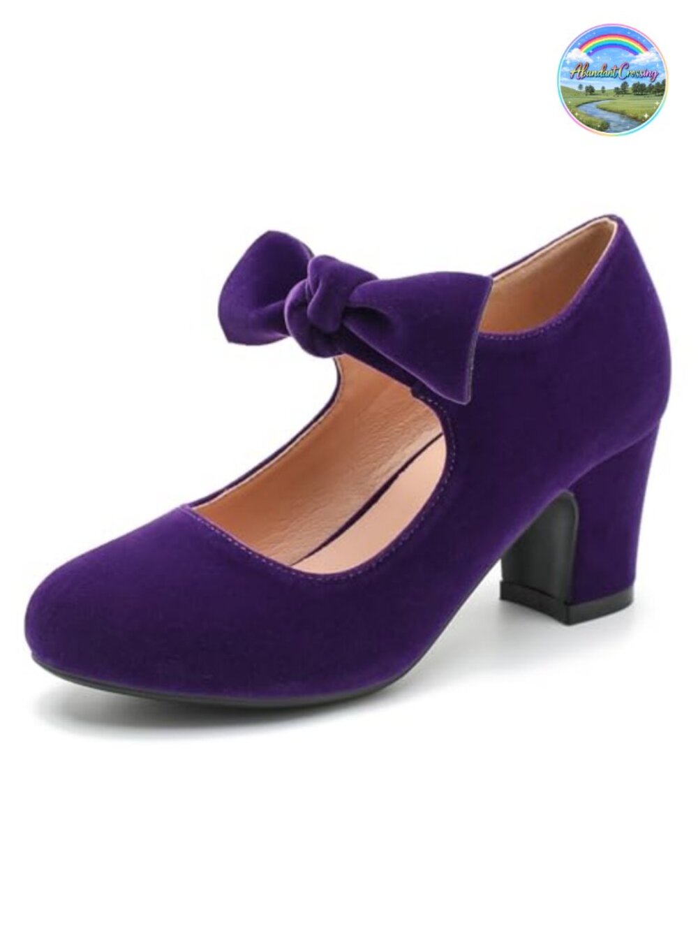 Women's Bow Mary Jane Block Heel Pumps Round Toe Faux Suede